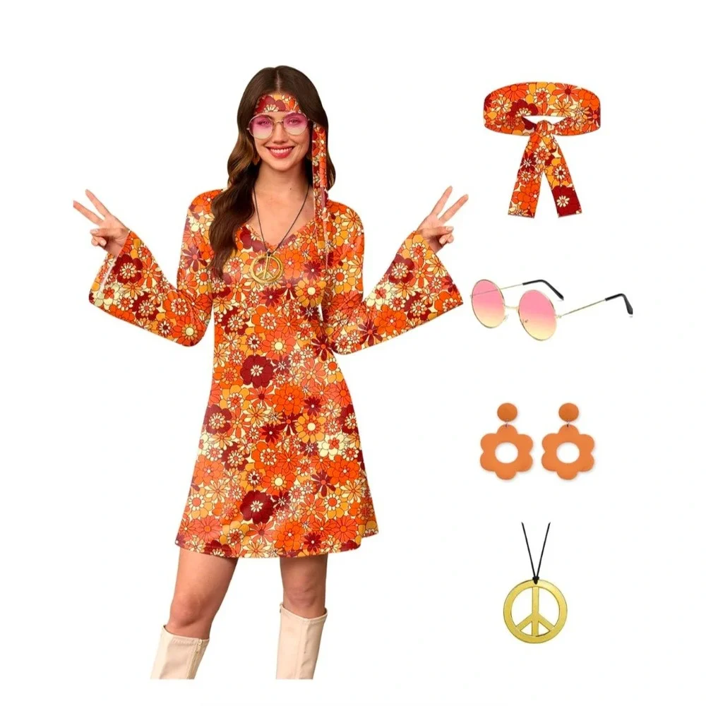 Leg Avenue Hippie Chick 6 PC Costume 87221 Orange Floral Womens Medium/Large - Picture 2 of 3